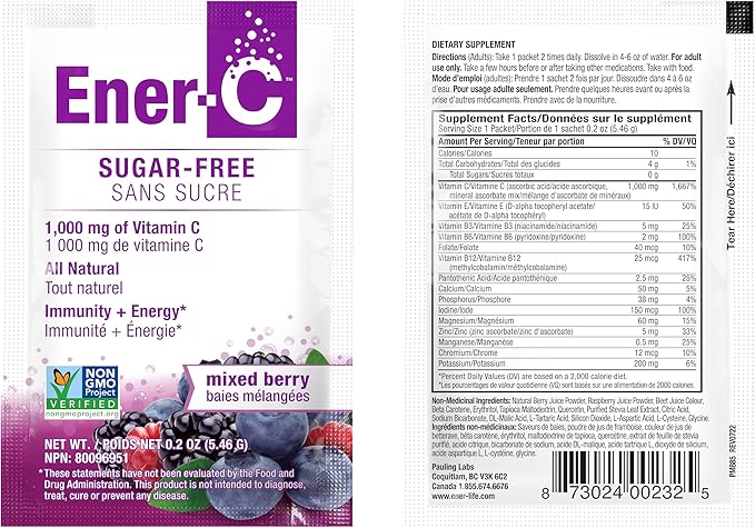 Ener-C Sugar Free Multivitamin Drink Mix - Vitamin Powder for Water, Electrolytes Powder No Sugar, Hydration Boost Packets, Zero Sugar, Vitamin C & B12 Supplement Liquid Mix - Mixed Berry, 60 Count