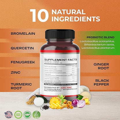 Bromelain Supplement with Quercetin, Zinc, Fenugreek, Turmeric, Ginger, Black Pepper & Probiotics - Supports Digestion, Joint Health & Nutrient Absorption | 150 Capsules