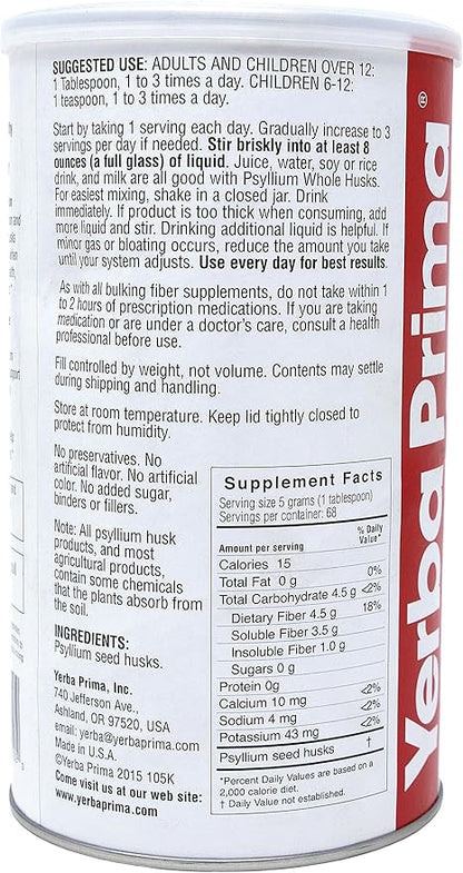 Yerba Prima Psyllium Husk, 12 Ounce (Pack of 2) - Colon Cleanser Fiber Supplement - Natural Support for Gut Health - Non GMO, Gluten Free, Vegan