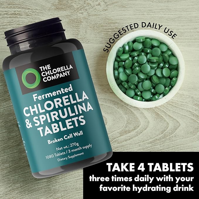 | Fermented Chlorella & Spirulina Tablets | Broken Cell Wall | 1,080 Tablets | Chlorophyll | Supergreens | Gluten-Free | Vegan | Non-GMO