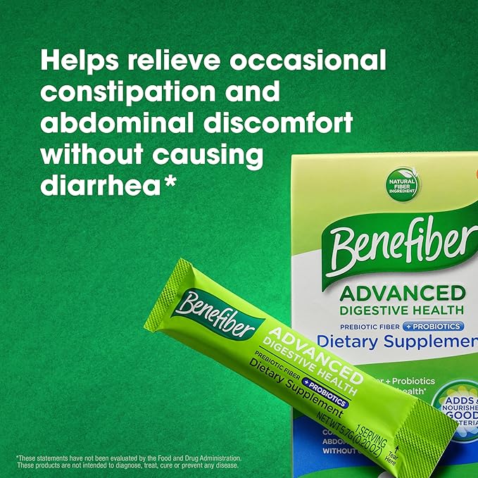 Benefiber Advanced Digestive Health Prebiotic Fiber Supplement Powder with Probiotics for Digestive Health, Low FODMAP – 15 Sticks (3.0 Ounces)
