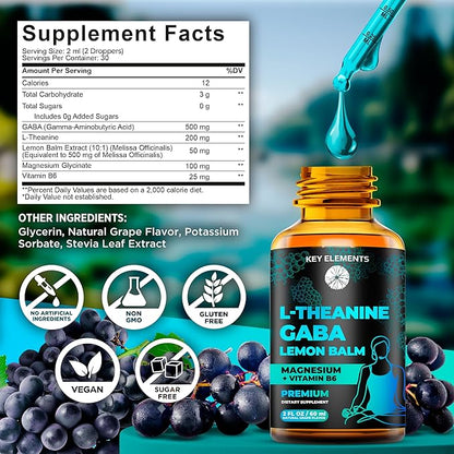 KEY ELEMENTS Liquid GABA with L Theanine Supplement | GABA 500mg and L Theanine 200mg | L-Theanine and GABA Supplements with Lemon Balm Extract, L-Theanine and Magnesium with Vitamin B6 | GABA Drops