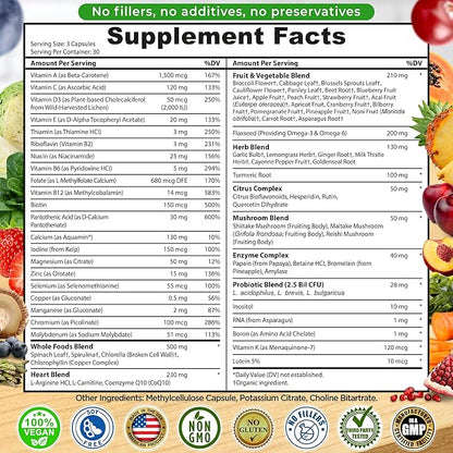 Vegan Whole Food Daily Multivitamin Without Iron, Methylated Multivitamin for Women and Men, Made with Fruits & Vegetables, B-Complex, Probiotics, Enzymes, CoQ10, Omegas, Turmeric, Non-GMO, 90 Count