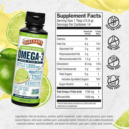 Barlean's Key Lime Pie High Potency Omega 3 Fish Oil Liquid Supplement, 1500mg of EPA& DHA Fatty Acid, Smoothie Flavored & Burpless for Brain, Joint, & Heart Health, 8 oz