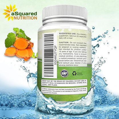 aSquared Nutrition Turmeric Curcumin 1300mg with BioPerine Black Pepper Extract Supplement - 60 Capsules - with 95% Curcuminoids - Natural Tumeric Root Powder Joint Pills