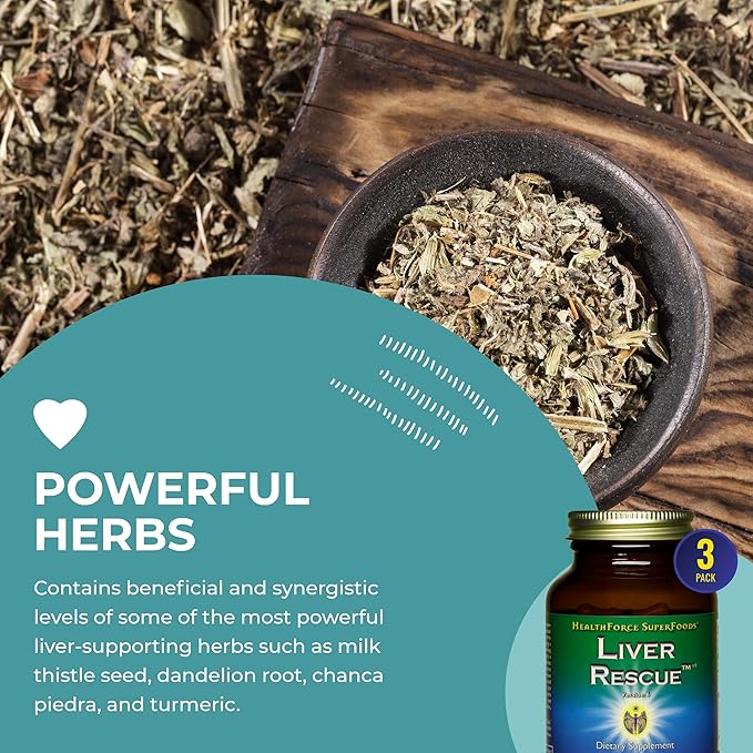 HealthForce SuperFoods Liver Rescue - Natural Liver Cleanse - with Milk Thistle & Dandelion Root - Gluten-Free & Vegan - 120 Capsules (Pack of 3)