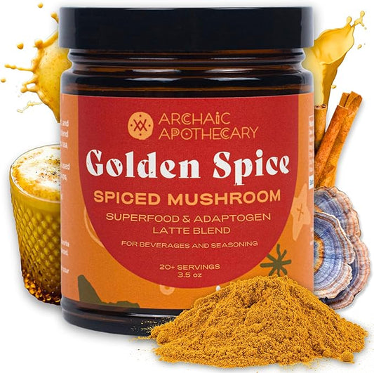 Golden Spice - Mushroom Golden Milk, Heirloom Turmeric Latte Spice Blend | Ashwagandha & Turkey Tail Adaptogens | Caffeine-Free Rooibos Matcha | No Milk or Sweetener Fillers