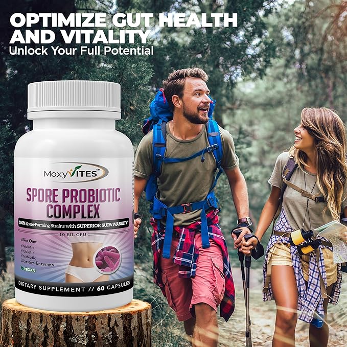 Spore Probiotic Complex - All In One Prebiotics and Probiotics for Digestive Health, Postbiotic, Digestive Enzymes Daily Supplement - Spore Based Probiotic for Women & Men