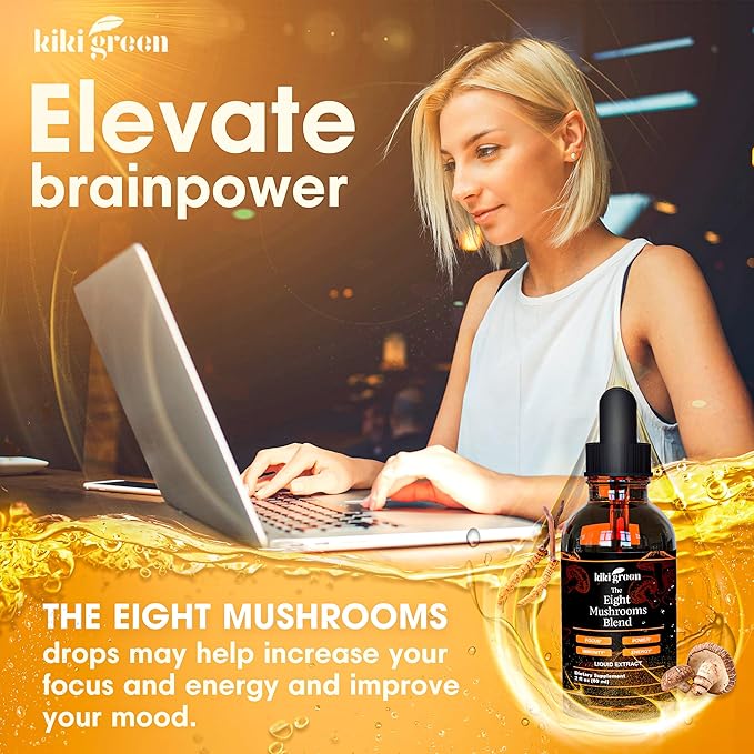 Kiki Green 8 Mushrooms Liquid Extract Drops - Adaptogenic Complex for Cognitive Support, Immunity Boost - Lions Mane Supplement, Cordyceps, Chaga, Reishi, Shiitake, Maitake, Red Reishi