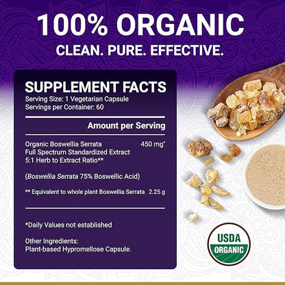 Organic Boswellia Extract Capsules - Boswellia Serrata Extract Capsules | USDA Organic Supplement | 5:1 Extract | Max Strength 75% Boswellic Acid | Boswellia Complex | 60 Vegan Boswellia Capsules