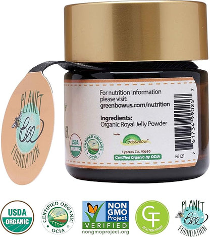 Greenbow Royal Jelly Powder– 100% USDA Certified Organic Royal Jelly, Non-GMO, Gluten Free Royal Jelly, Freeze Dried – One of The Most Nutrition Packed –No Additives/Flavors (17g)