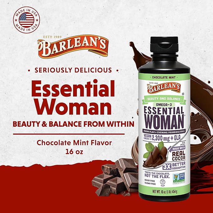 Barlean's Essential Woman Chocolate Mint Liquid Supplement from Flaxseed, Evening Primrose Oil & Soy Isoflavones, Omega 3 6 9 and GLA, Hormonal Balance & Healthy Hair and Skin, 16 oz