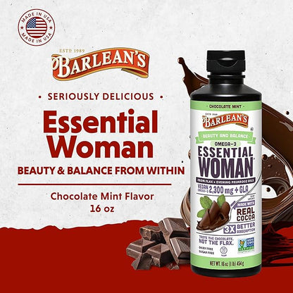 Barlean's Essential Woman Chocolate Mint Liquid Supplement from Flaxseed, Evening Primrose Oil & Soy Isoflavones, Omega 3 6 9 and GLA, Hormonal Balance & Healthy Hair and Skin, 16 oz