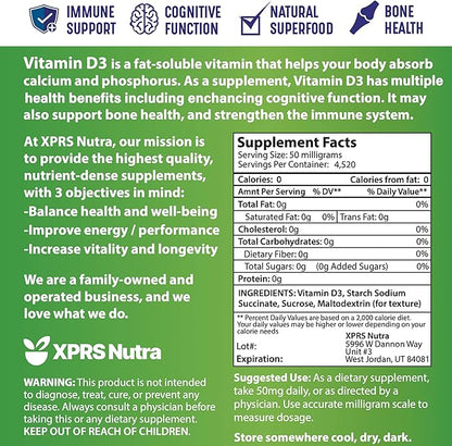 XPRS Nutra Vitamin D3 Powder (Cholecalciferol) - Unflavored VIT D for Bones and Immunity - Vitamin D3 Powder for Muscle Function - Vitamin D Supplements (8 Ounce)