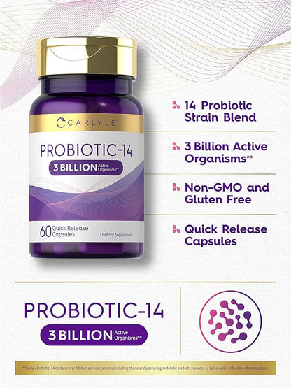 Carlyle Probiotic for Women & Men | 3 Billion CFU | 60 Capsules | 14 Strains | Non-GMO & Gluten Free