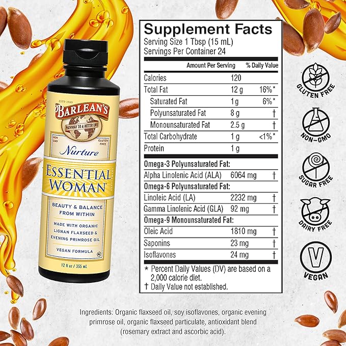Barlean's Essential Woman Liquid Supplement for Women, Organic Flaxseed, Evening Primrose Oil and Soy Isoflavones, Omega 3 6 9 and GLA, 12 oz