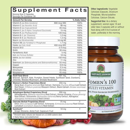Nature's Answer Womens 100 Multi Vitamin | 60 Vegetarian Capsules | Supports Overall Wellness | Promotes Immune Function | Non GMO | Vegan | Kosher | Made in The USA