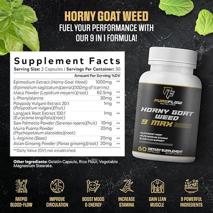 PureFlow 9 in 1 Horny Goat Weed MAX | Fully Dosed Men's Performance Supplement | Pills for Men Fast Acting Blood Flow | 9 Ultra Ingredients for Fast Results/Science Backed - 60 Capsules