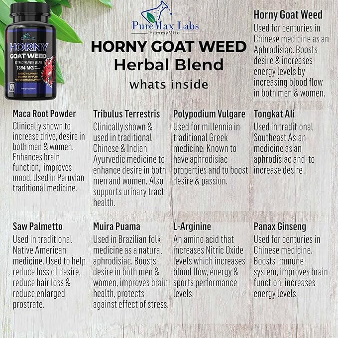 Horny Goat Weed Extra Strength - with Maca, L-Arginine, Ginseng - Boost Desire, Performance, Stamina, Energy, Non-GMO Formula, 60 Capsules