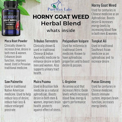 Horny Goat Weed Extra Strength - with Maca, L-Arginine, Ginseng - Boost Desire, Performance, Stamina, Energy, Non-GMO Formula, 60 Capsules