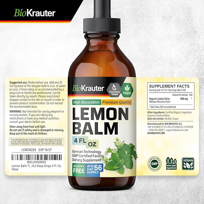 BIO KRAUTER Lemon Balm Leaf Extract - Vegan Melissa Lemon Balm Tincture for Calmness Support - Sugar & Alcohol-Free - 4 Fl. Oz.