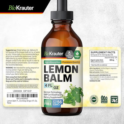 BIO KRAUTER Lemon Balm Leaf Extract - Vegan Melissa Lemon Balm Tincture for Calmness Support - Sugar & Alcohol-Free - 4 Fl. Oz.
