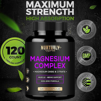 Magnesium Citrate & Oxide 500mg Complex Supplement - High Absorption Maximum Strength - Helps Support Bone Density and Strength, Muscles, Energy and Sleep - 120 Vegan Capsules