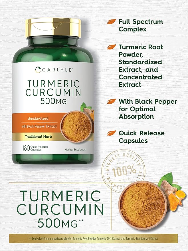 Carlyle Turmeric Curcumin Supplement 500 mg | 180 Capsules | with Black Pepper Extract | Non-GMO & Gluten Free