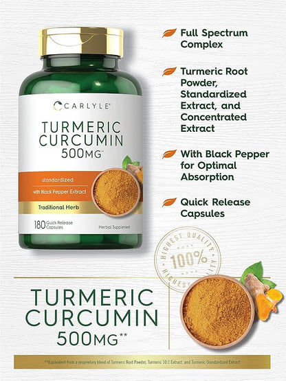 Carlyle Turmeric Curcumin Supplement 500 mg | 180 Capsules | with Black Pepper Extract | Non-GMO & Gluten Free