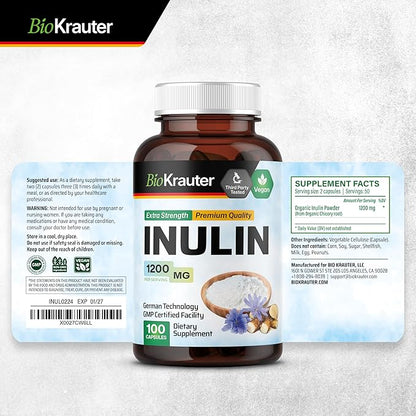 BIO KRAUTER Inulin Powder Capsules - 1200 mg Strength - 100 Count - Pure Soluble Fiber Supplements - Chicory Root Fiber Capsules for Digestive Support - Vegan