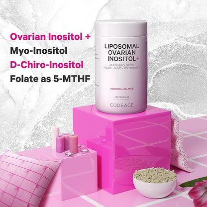 Codeage Liposomal Ovarian Inositol+ Supplement - Myo-Inositol & D-Chiro-Inositol 40:1 Blend, Folate 5-MTHF, CoQ10, Pomegranate & Wild Blueberry, Liposomal Delivery, Non-GMO, Gluten-Free - 120 Capsules