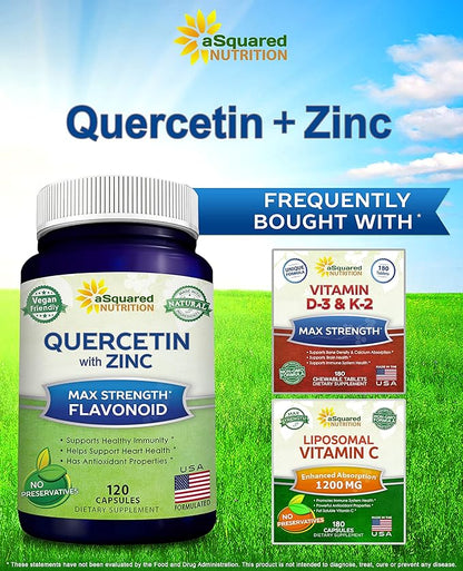 aSquared Nutrition Quercetin 1000mg with Zinc Supplement - 120 Capsules - Quercetin Dihydrate with Black Elderberry & Zinc - Max Strength Powder Complex Pills to Help Improve Immune Response