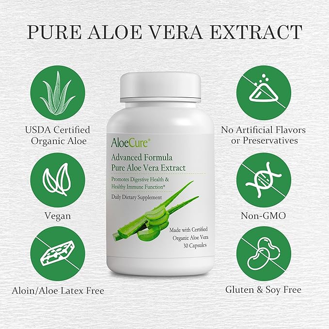 AloeCure Organic Aloe Vera Capsules, 130,000mg Inner Aloe Leaf Equivelant per Serving, Support Gut, Digestive, & Immune Health, Helps Maintain Balanced Stomach Acidity, Aloin Free, 30 Capsules