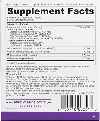 Peptiva 26 Billion CFU Probiotic and Sleep Support - Clinically Validated Multi-Strain Probiotic - Lactobacillus and Bifidobacterium, Melatonin - 30 Count