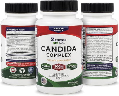 Zenesis Labs Candida Complex Cleanse Detox Caprylic Acid Supplement, Oregano Extract, Probiotics, Enzymes (60 Capsules, 30 Day Supply)