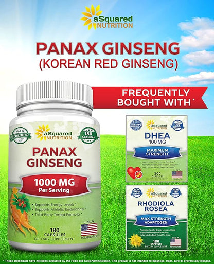 aSquared Nutrition Red Korean Panax Ginseng (1000mg Max Strength) 180 Capsules Root Extract Complex, Asian Powder Supplement, High Dosage Ginsenosides in Seeds, Tablet Pills for Women & Men-Sex Health