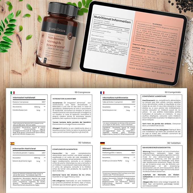 pureclinica Maximum Strength Resveratrol 1000mg x 360 Tablets - (4 Bottles of 90-12 Months Supply). 10 x Strength w/Black Pepper Extract