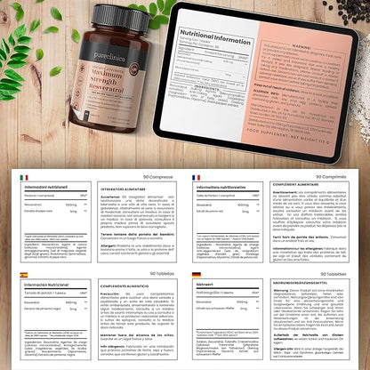 pureclinica Maximum Strength Resveratrol 1000mg x 360 Tablets - (4 Bottles of 90-12 Months Supply). 10 x Strength w/Black Pepper Extract