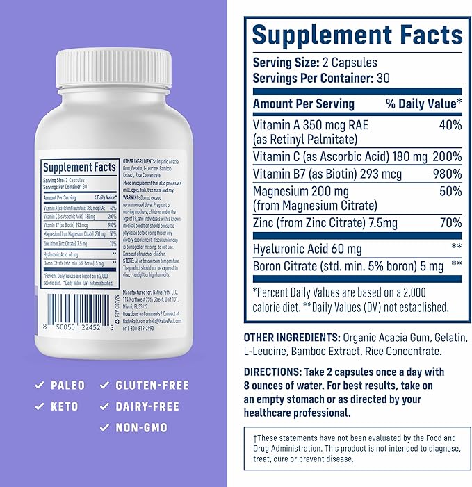NativePath Collagen Care+, 5 Vitamin Blend with Hyaluronic Acid and Boron That Supports Collagen for Men and Women, 60 Capsules