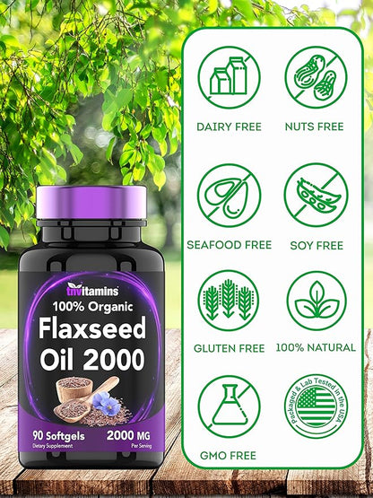 Organic Flaxseed Oil Softgels: 2000 mg - 90 Softgels | High in Omega-3 Fatty Acids | Flaxseed Oil Supplement for Women & Men | Non-GMO