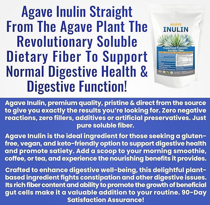 Organic Inulin Powder (16oz/1lbs) Gentle Agave Inulin Prebiotic Soluble Fiber Supplement for Digestive Support, Gut Health, Vegan Baking, Smoothies & Drinks