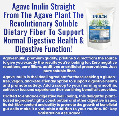 Organic Inulin Powder (16oz/1lbs) Gentle Agave Inulin Prebiotic Soluble Fiber Supplement for Digestive Support, Gut Health, Vegan Baking, Smoothies & Drinks