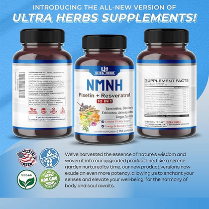 NMNH 10-in-1 – Fisetin, Resveratrol, Spermidine, Elderberry, Ashwagandha, Echinacea, Ginger, Turmeric – Cellular Health & Energy – 150 Capsules – Made in USA