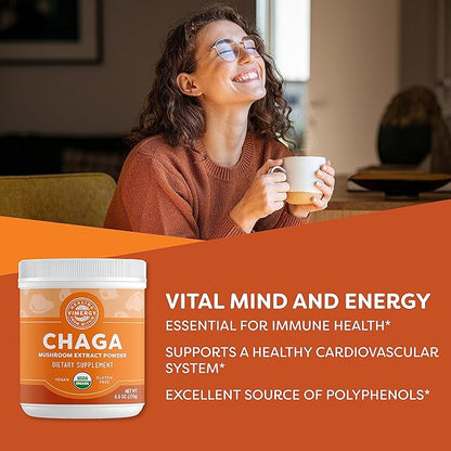 Vimergy USDA Organic Wild Chaga Mushroom Extract Powder, 166 Servings – Ideal in Chaga Tea, Coffee, Smoothies – Cardiovascular Support - Kosher, Vegan, No Gluten, Paleo - Pure Chaga, No Fillers (250g)