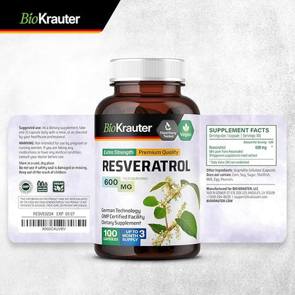 BIO KRAUTER Resveratrol Supplement Capsules 600 mg - 100 Count - Natural Antioxidant Source - 98% Pure Trans Resveratrol Powder - Vegan