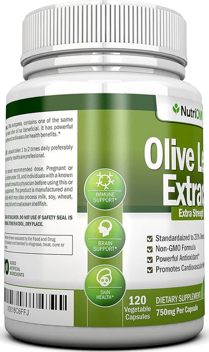 Olive Leaf Extract - 750 Mg - 120 Capsules - Extra Strength - 20% Oleuropein - Non-GMO Formula - Premium Quality From Pure Olive Leaves - Powerful Antioxidant - Great for Heart, Skin and Brain