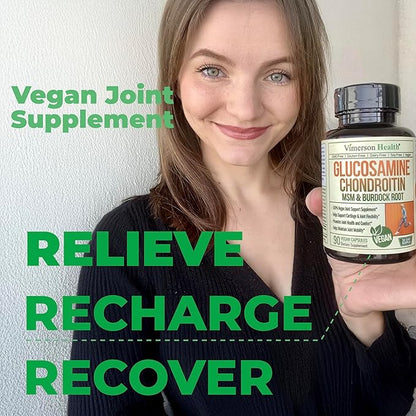 Vegan Glucosamine Chondroitin MSM - 100% Vegan Joint Support Supplement for Women & Men with Burdock and Glucosamine Sulfate 1500 mg. Used for Cartilage and Joint Health and Flexibility - 90 Capsules