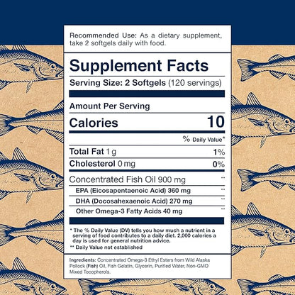 Wiley's Finest Wild Alaskan Fish Oil Easy Swallow Minis - Omega-3 Fish Oil Supplement for Adults and Kids - Double-Strength 630mg EPA and DHA Natural Supplement - 240 Mini Softgels (120 Servings)