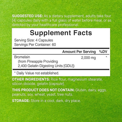 Bromelain Supplement 2,000mg Per Serving, 240 Capsules – Natural Proteolytic Enzymes from Fresh Pineapple – Supports Nutrient Digestion