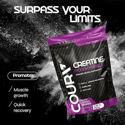 COURA Creatine Monohydrate Lemon-Berries Flavor - 450g - Sports Supplement - Strength and Endurance - Ideal for Intense Workouts - Gluten Free - Bottle Free
